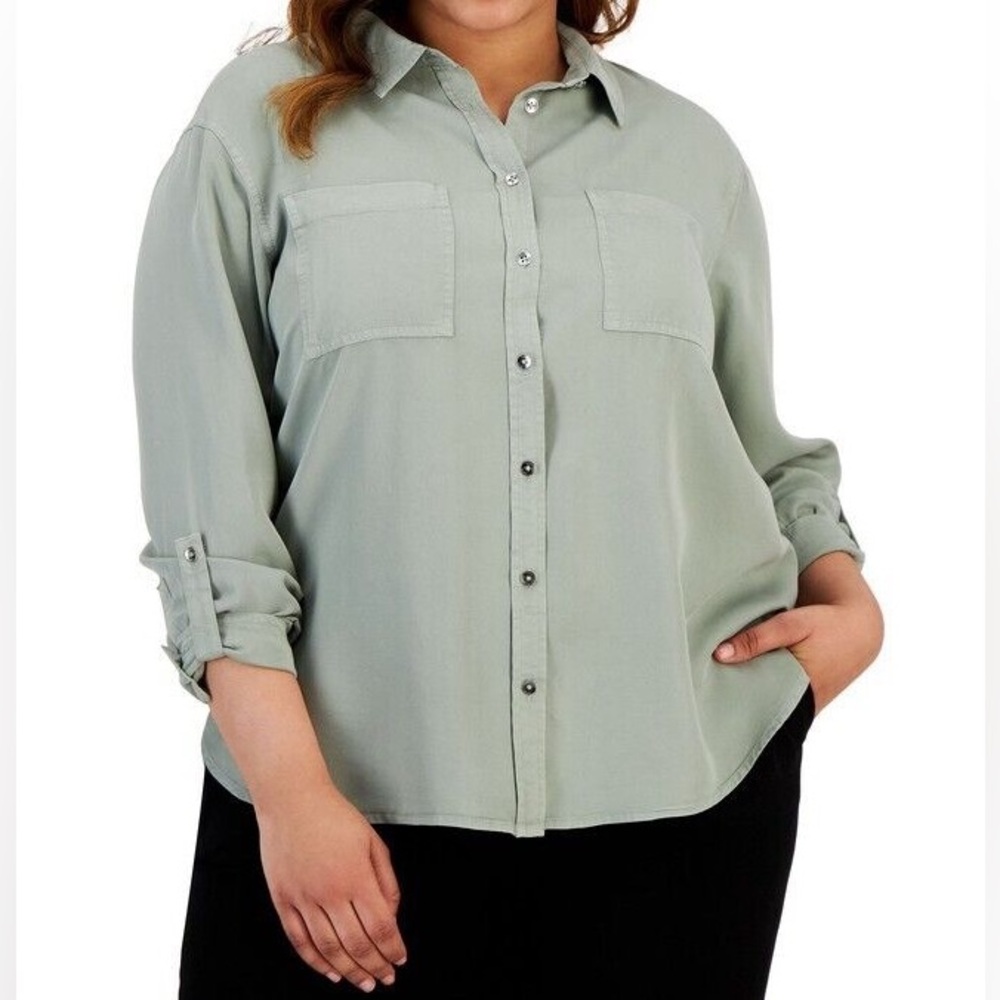 Calvin Klein Jeans Women's Trendy Plus Size 2X Utility Shirt in Sage Green